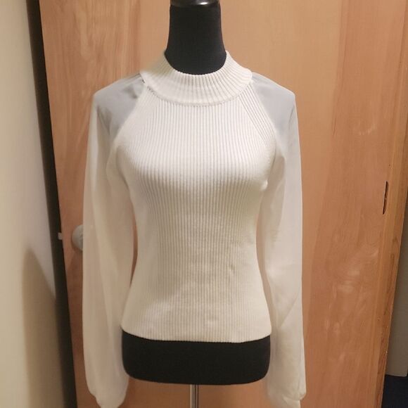 French Connection Ivory Ribbed Sheer Sleeve Top Sz L - Picture 1 of 8